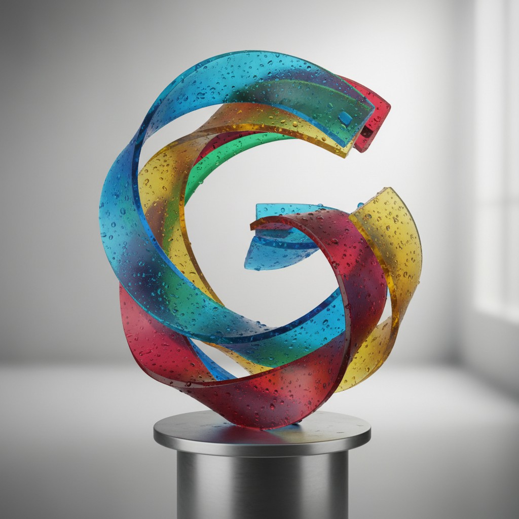 A colorful statue of disparate shaped pieces intertwined, resting on a metal base.